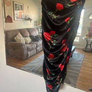 Elegant Black Velvet Dress with Red Rose Pattern